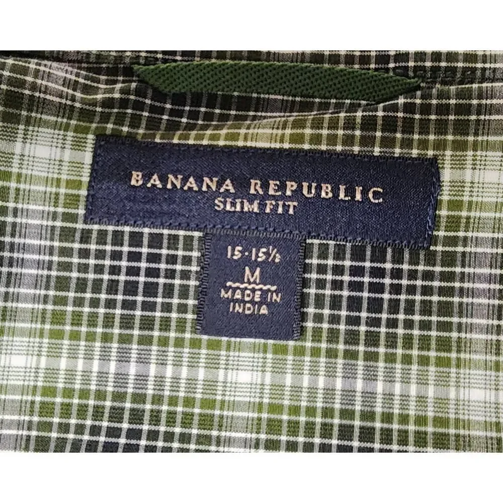 Banana Republic Button Down Slim Fit Mens Multi Green Plaid Shirt Sz M 15-15.5
